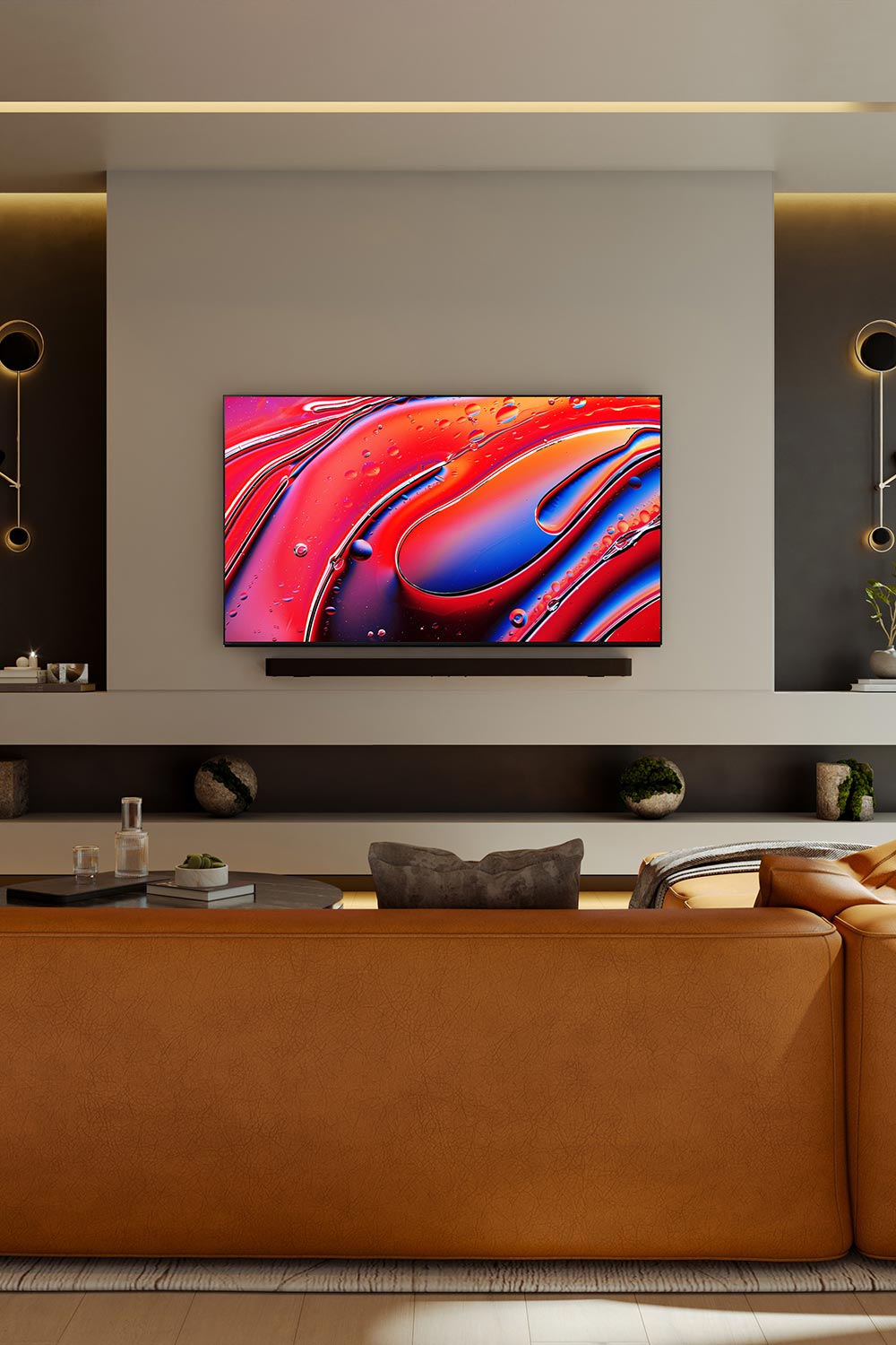 Modern living room with an orange sofa facing a wall mounted flat screen television