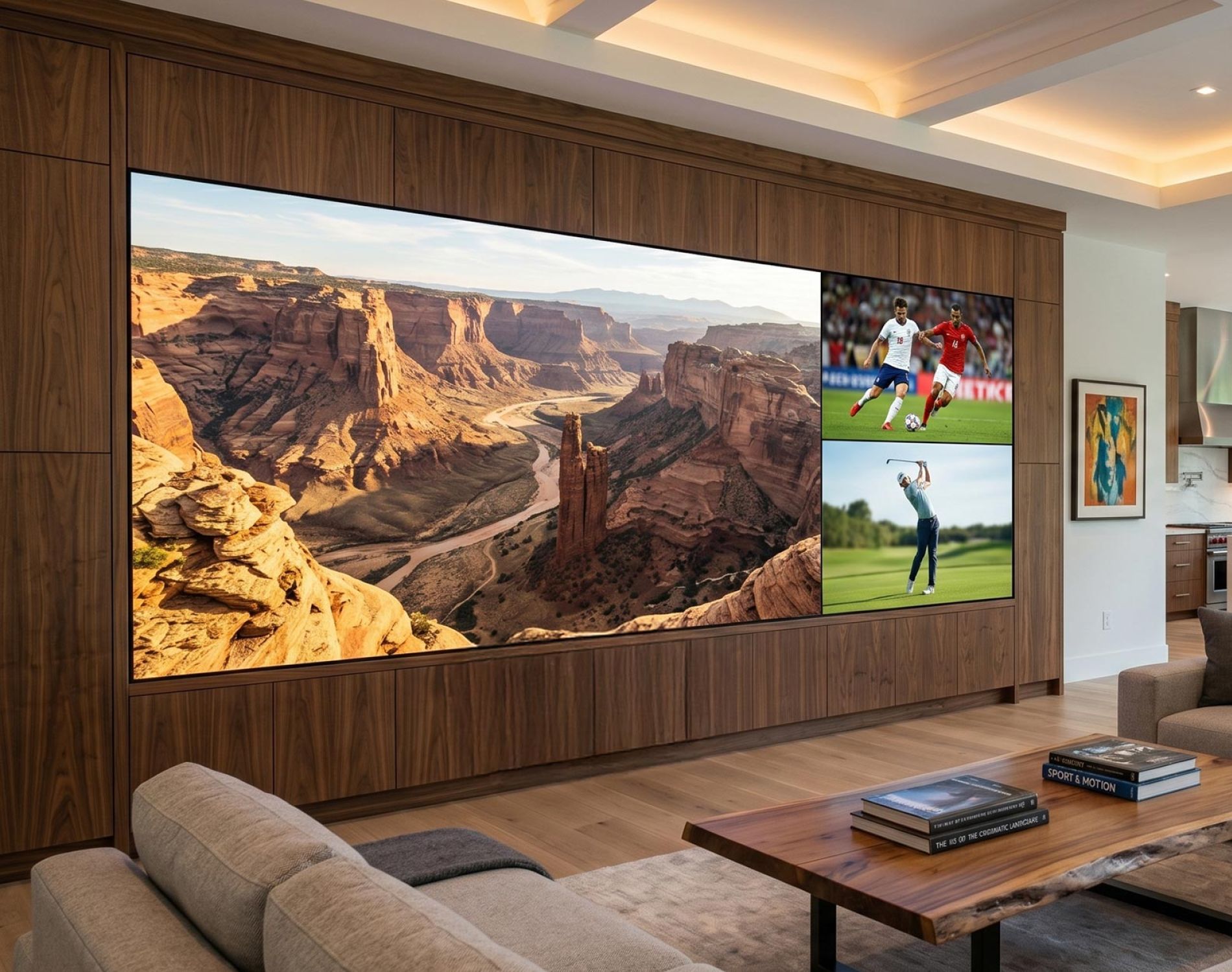 Large video wall displaying multiple sports and nature scenes in a modern living room